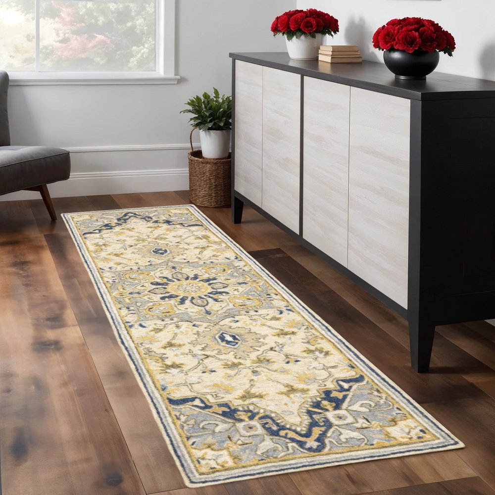 3' X 8' Blue And Ivory Bohemian Runner Rug