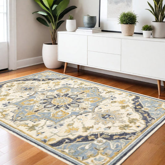 3' X 8' Blue And Ivory Bohemian Runner Rug