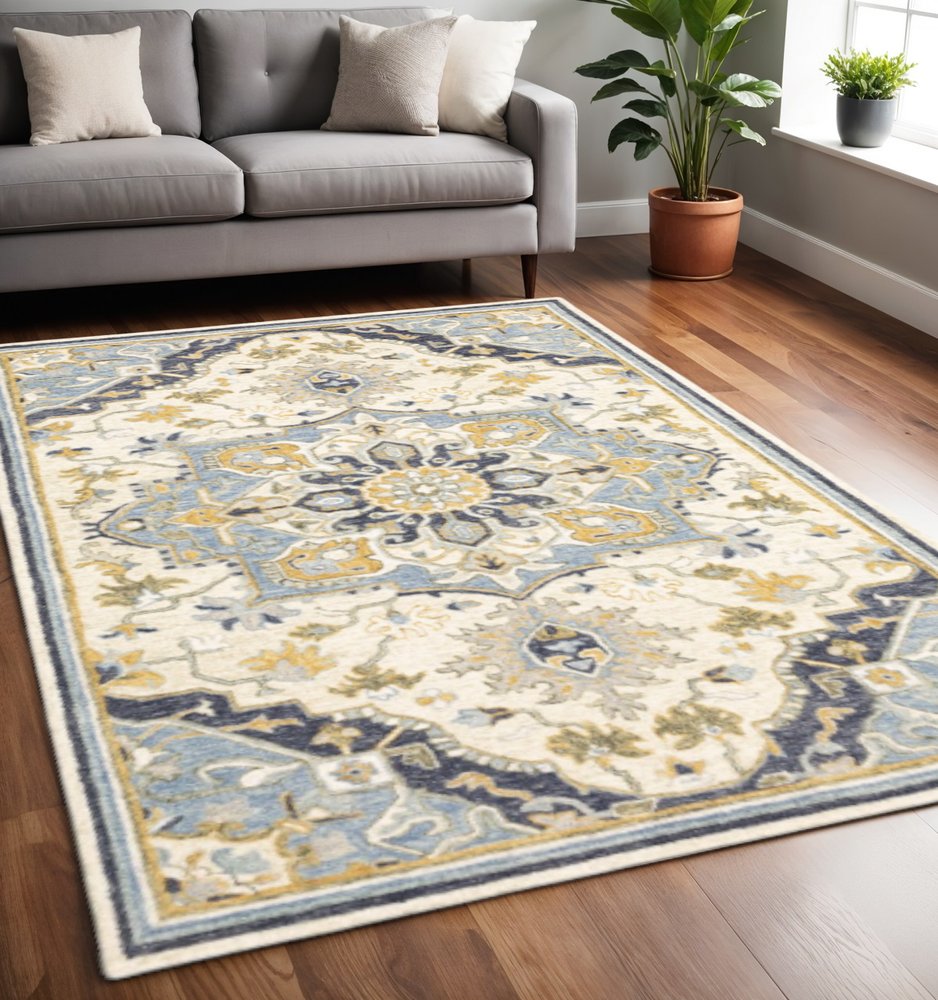 3' X 8' Blue And Ivory Bohemian Runner Rug