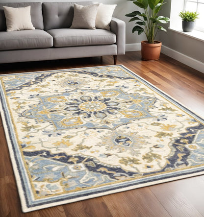 3' X 8' Blue And Ivory Bohemian Runner Rug