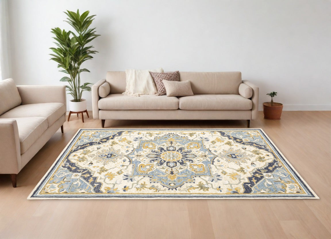 4' X 6' Blue And Ivory Bohemian Area Rug