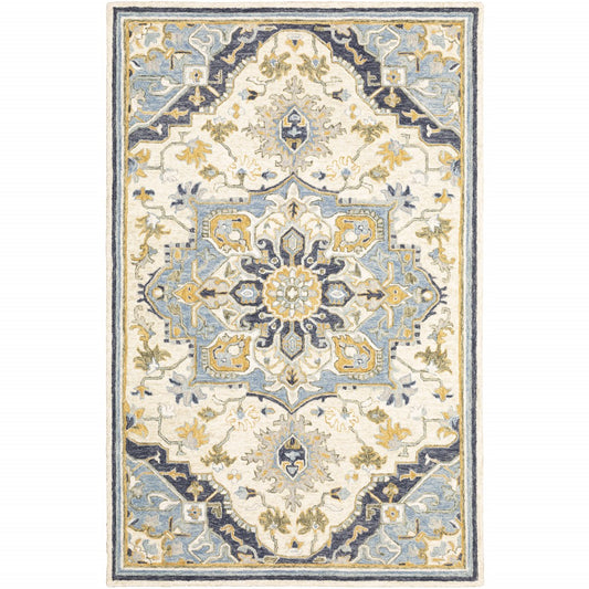 10' X 13' Blue And Ivory Bohemian Rug