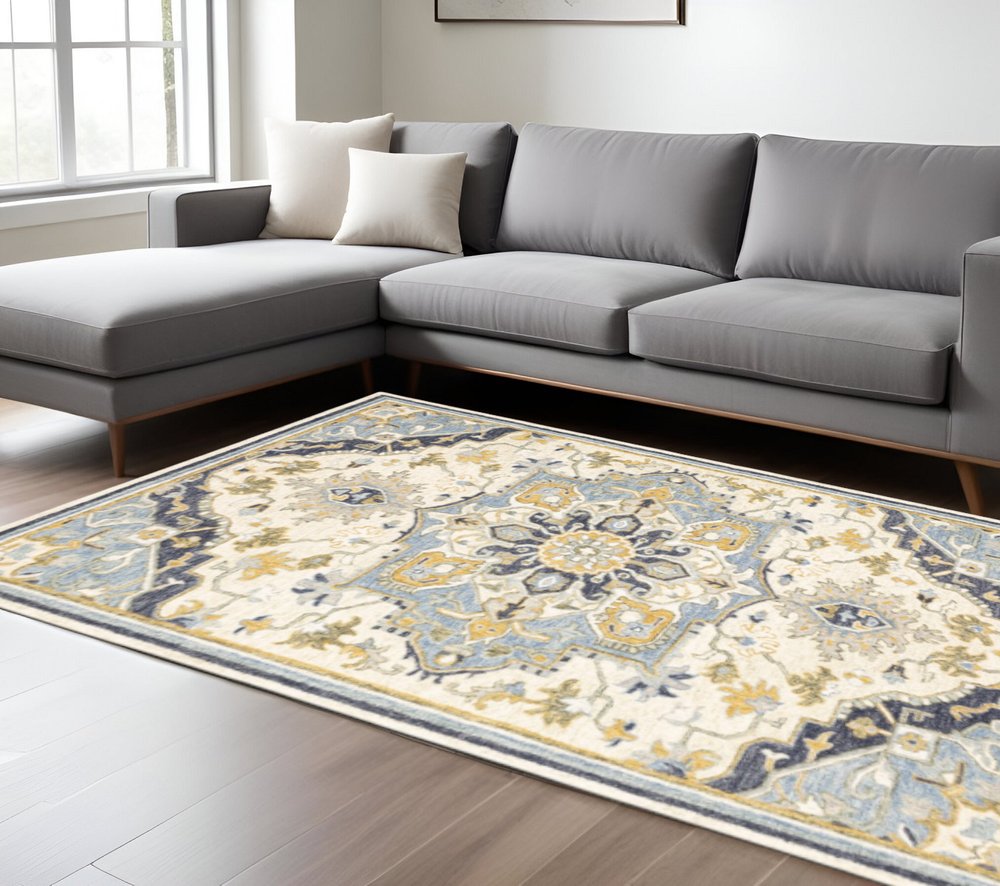 3' X 8' Blue And Ivory Bohemian Runner Rug