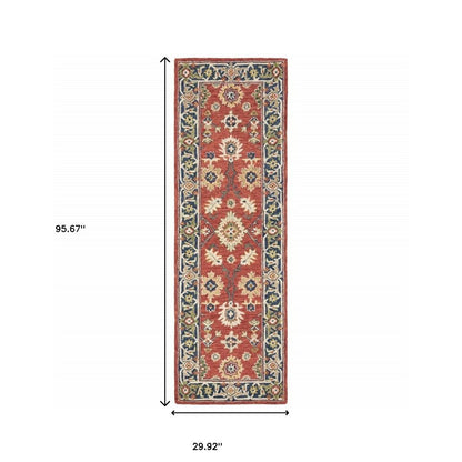 8' Red And Green Wool Hand Tufted Runner Rug