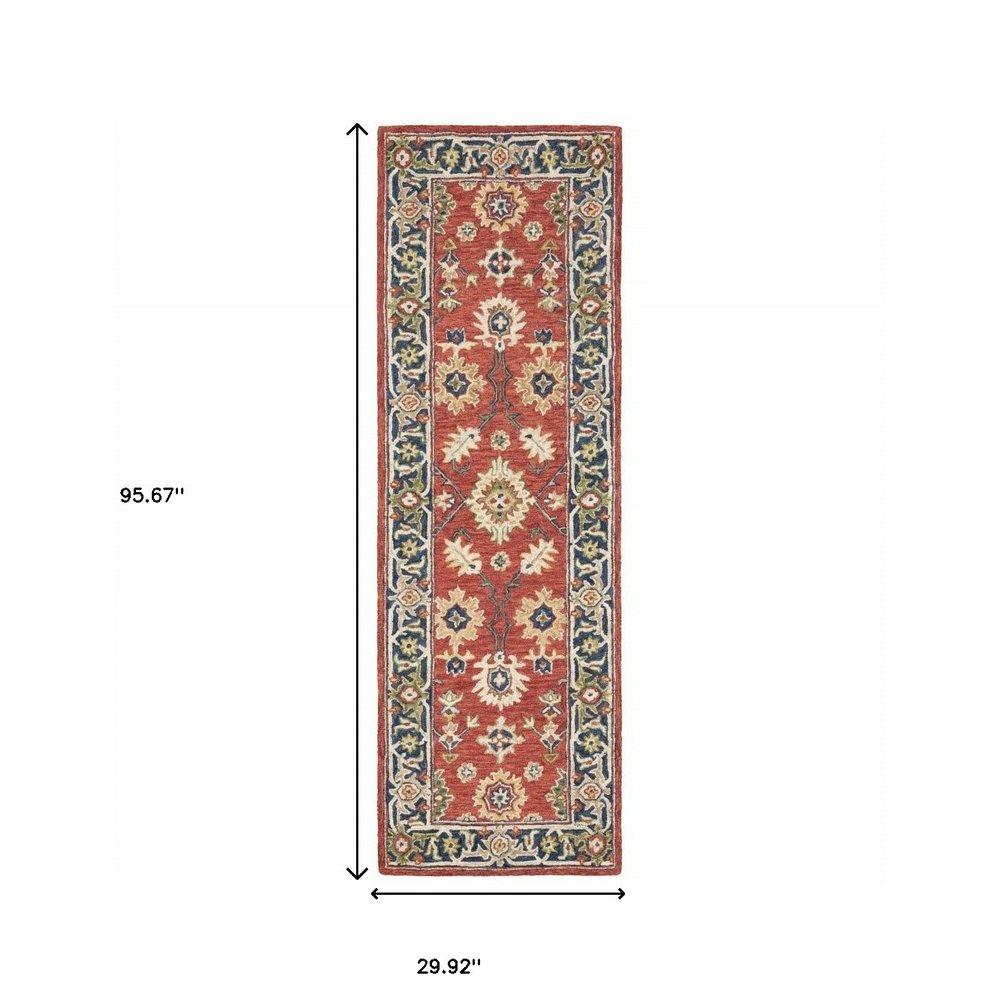 8' Red And Green Wool Hand Tufted Runner Rug