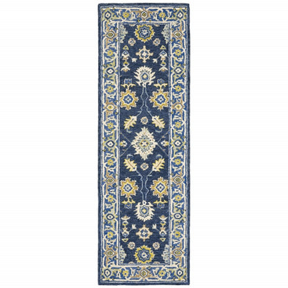8' Blue And Gold Wool Hand Tufted Runner Rug