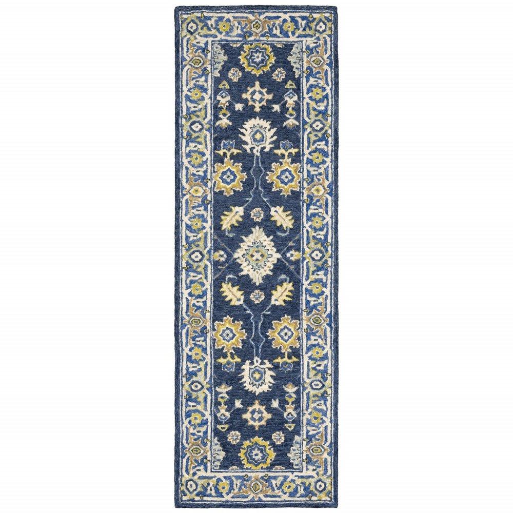 8' Blue And Gold Wool Hand Tufted Runner Rug