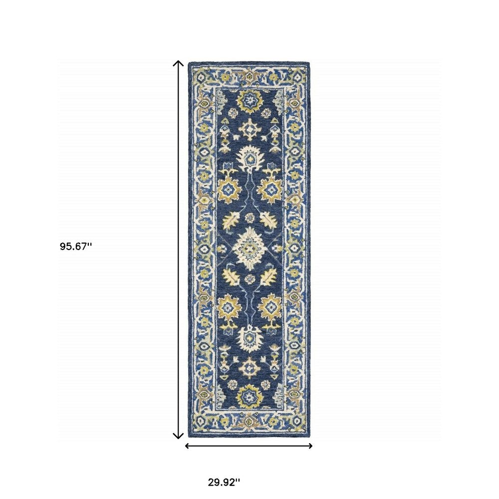 8' Blue And Gold Wool Hand Tufted Runner Rug