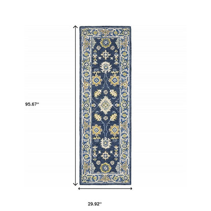 8' Blue And Gold Wool Hand Tufted Runner Rug