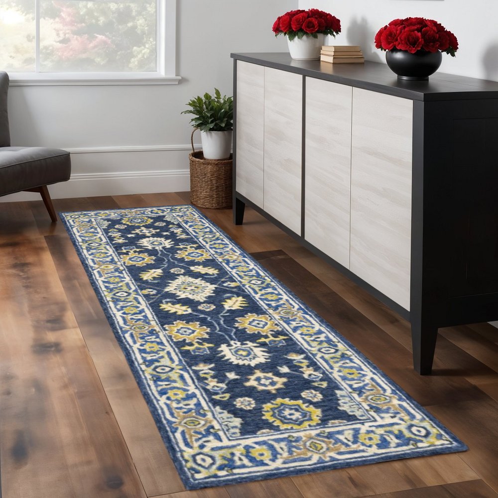 8' Blue And Gold Wool Hand Tufted Runner Rug