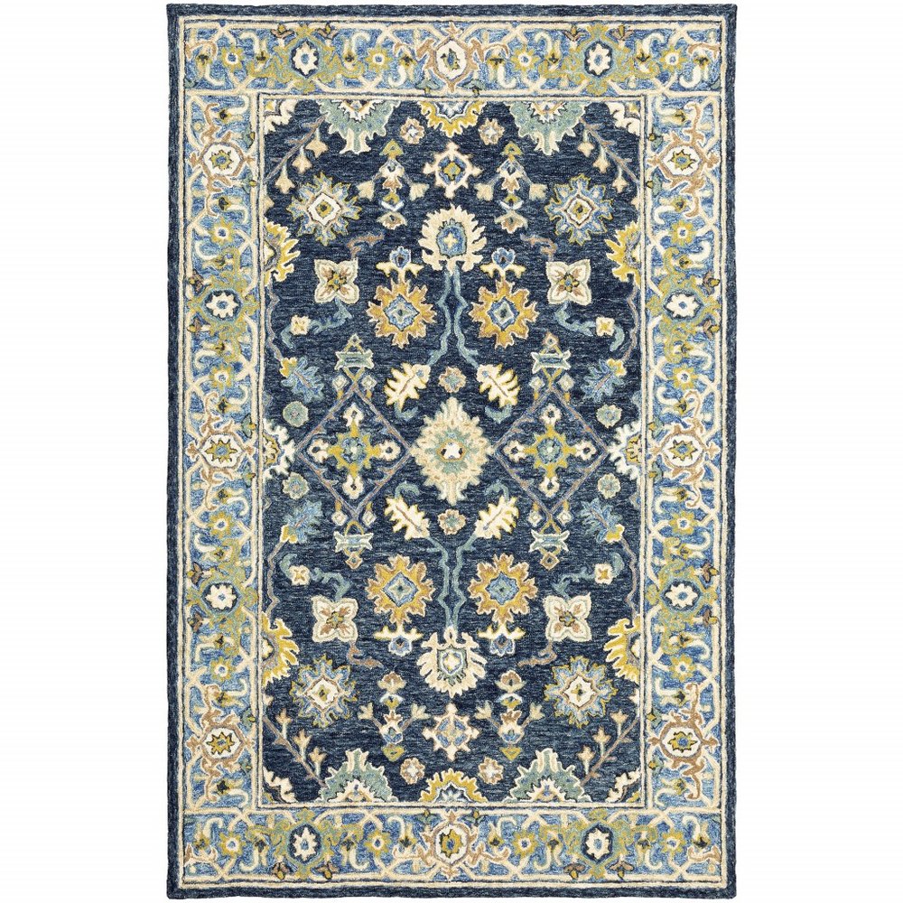 8' Blue And Gold Wool Hand Tufted Runner Rug