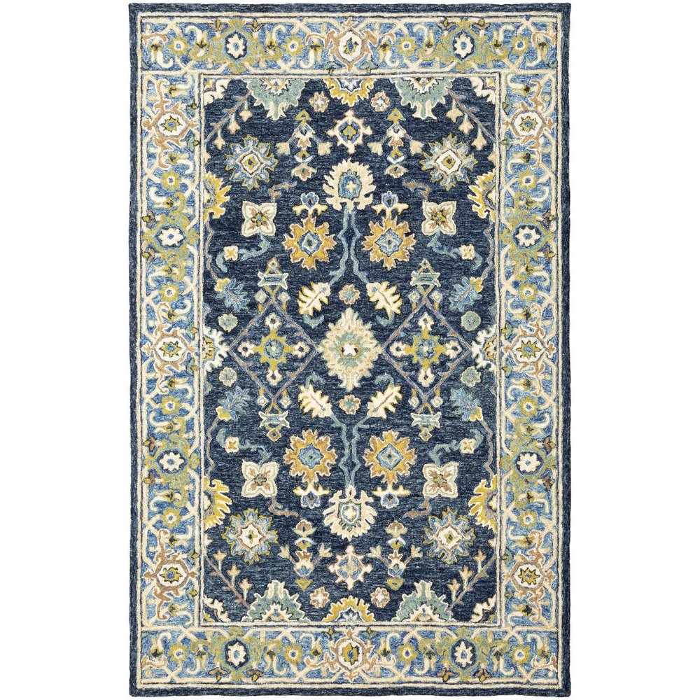 8' Blue And Gold Wool Hand Tufted Runner Rug