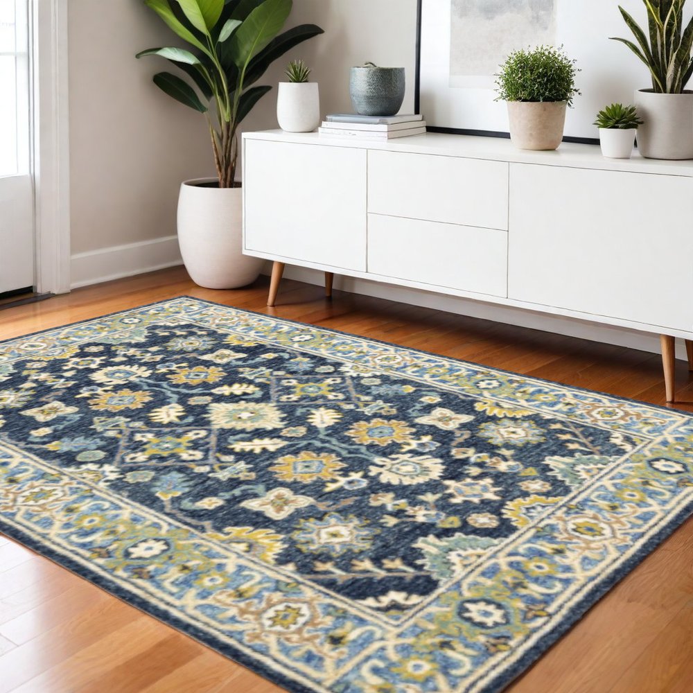 8' Blue And Gold Wool Hand Tufted Runner Rug