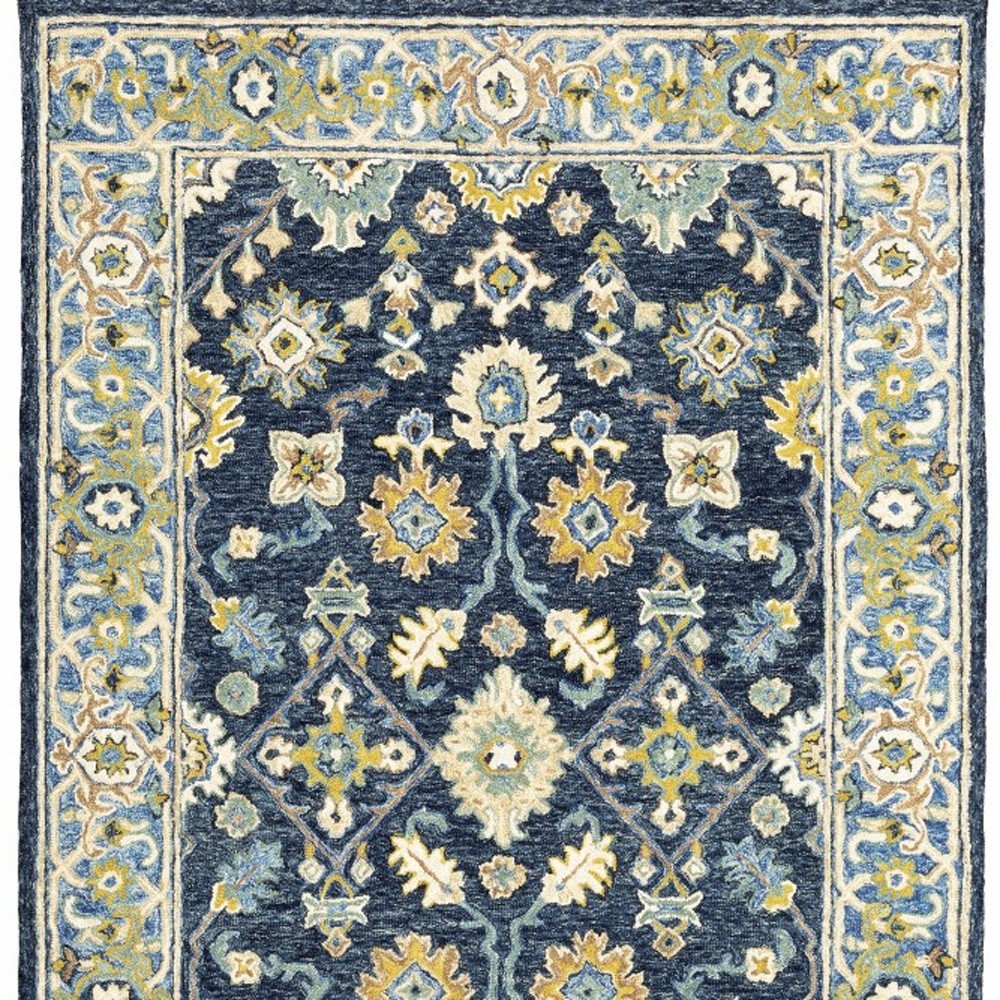 8' Blue And Gold Wool Hand Tufted Runner Rug