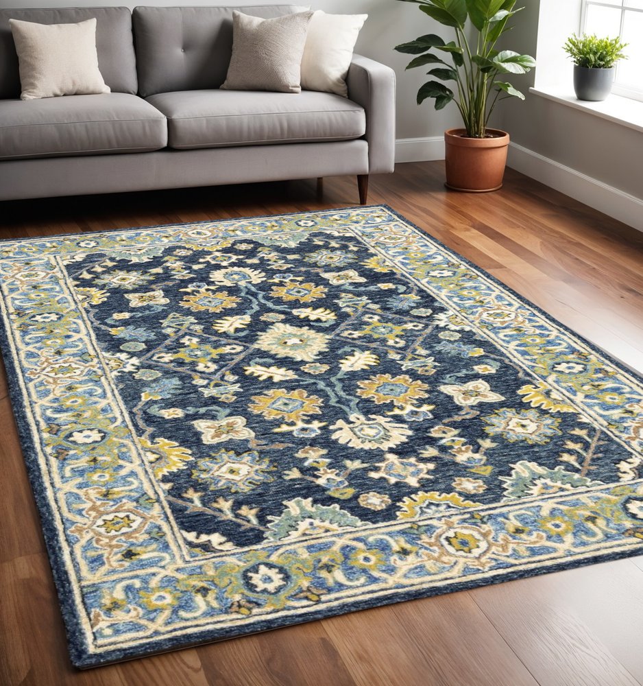 8' Blue And Gold Wool Hand Tufted Runner Rug
