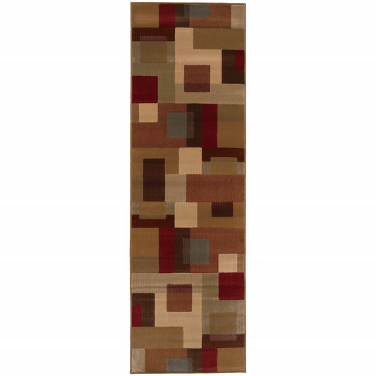 3' X 8' Red And Tan Geometric Runner Rug