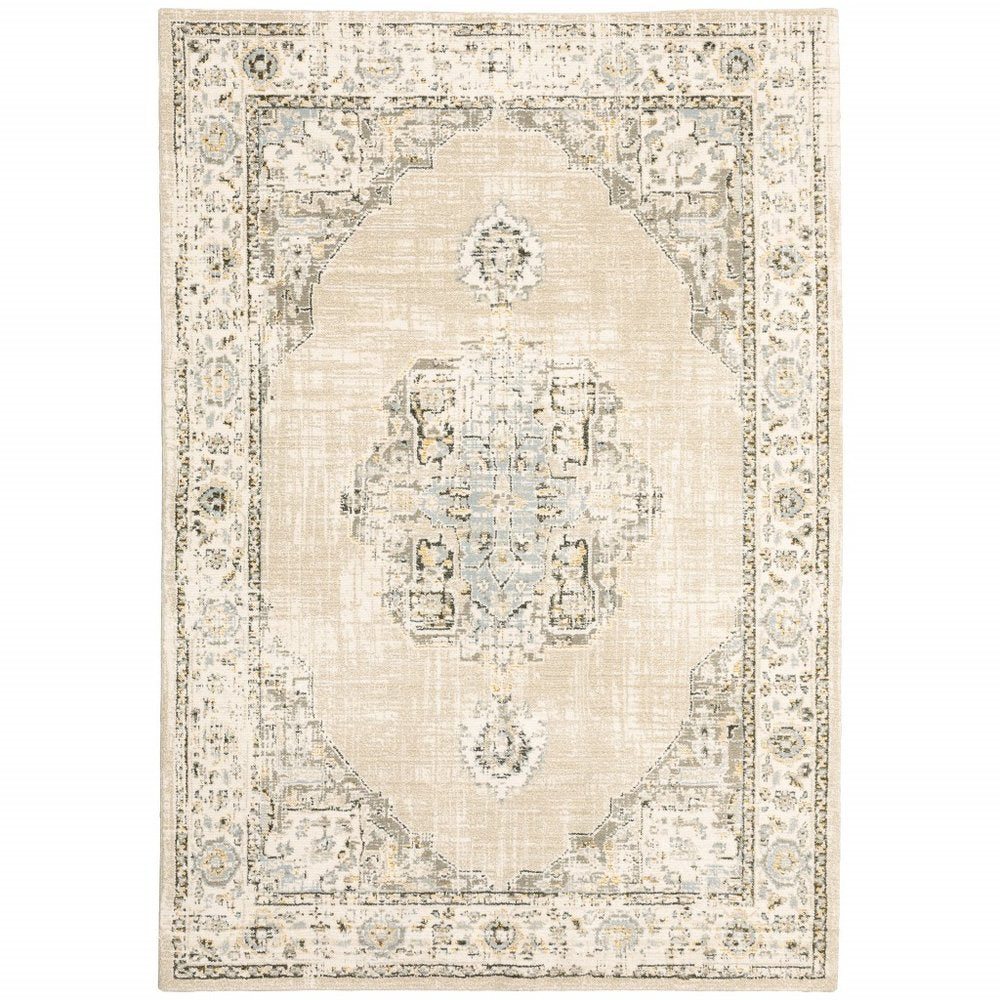 8' Beige And Ivory Medallion Runner Rug