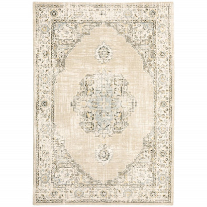 8' Beige And Ivory Medallion Runner Rug