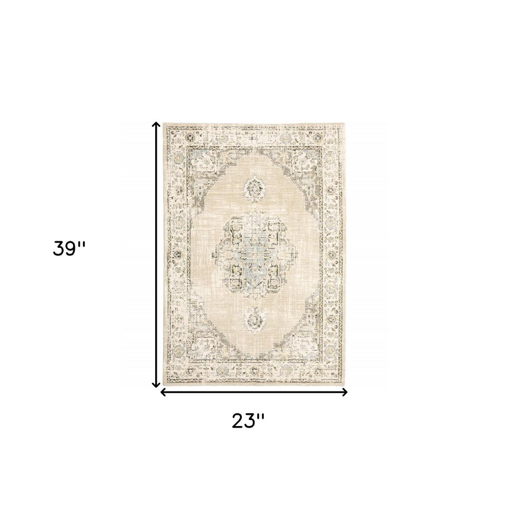 8' Beige And Ivory Medallion Runner Rug