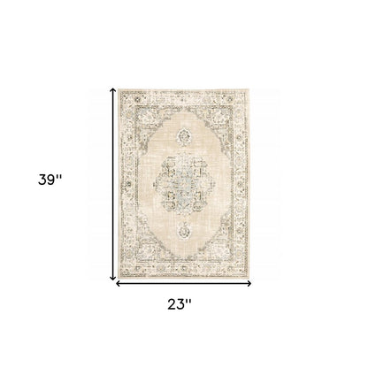 8' Beige And Ivory Medallion Runner Rug
