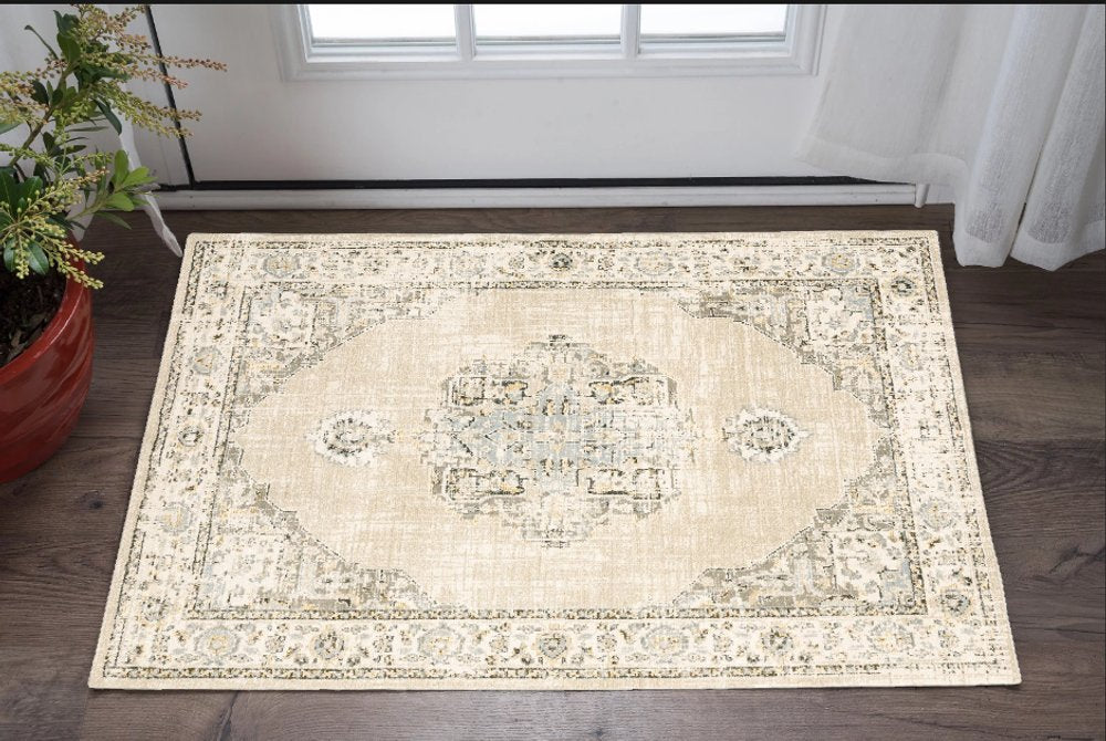 8' Beige And Ivory Medallion Runner Rug