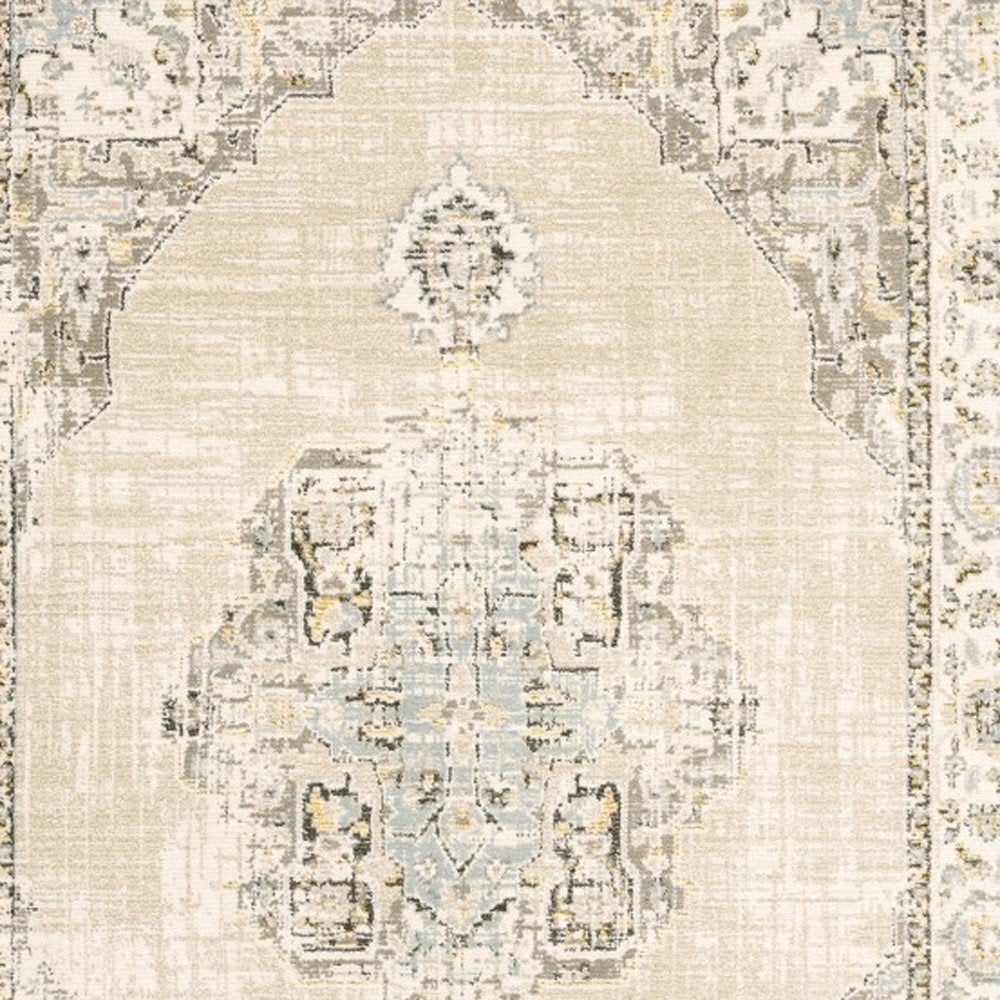 8' Beige And Ivory Medallion Runner Rug