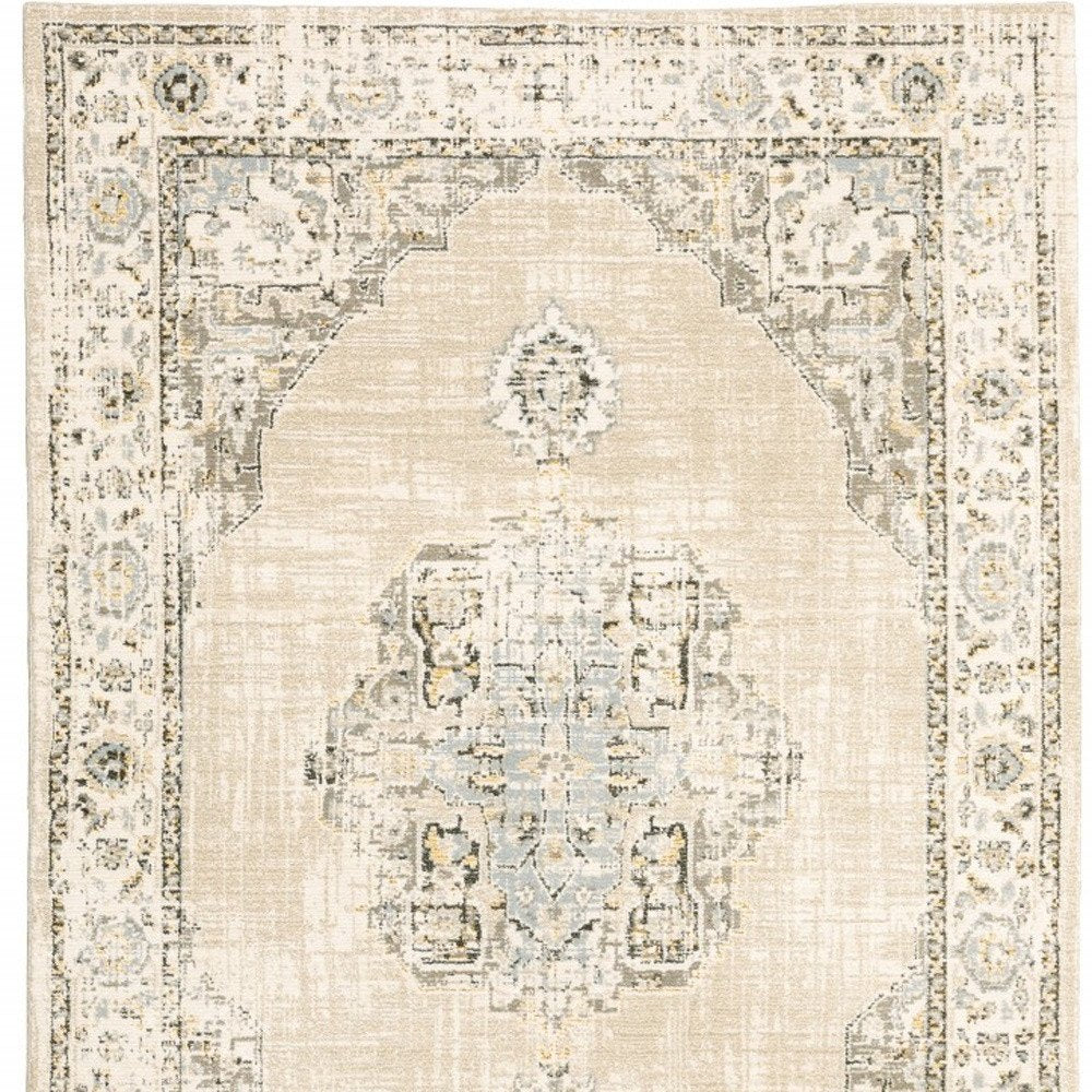 8' Beige And Ivory Medallion Runner Rug