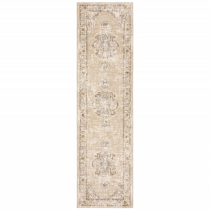 8' Beige And Ivory Medallion Runner Rug