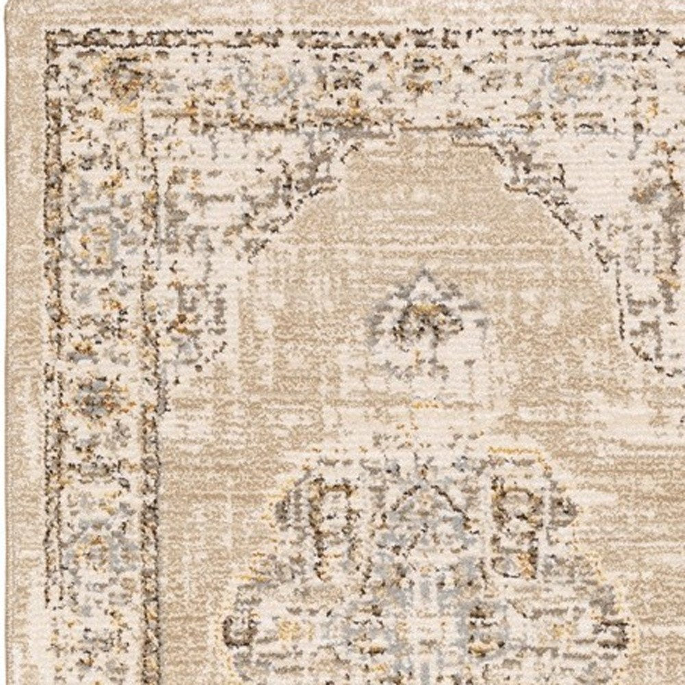 8' Beige And Ivory Medallion Runner Rug