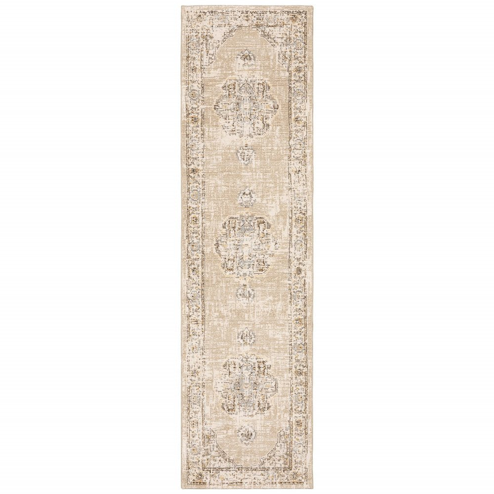 8' Beige And Ivory Medallion Runner Rug