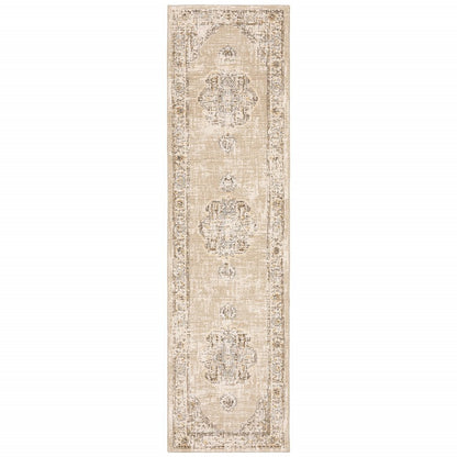 8' Beige And Ivory Medallion Runner Rug