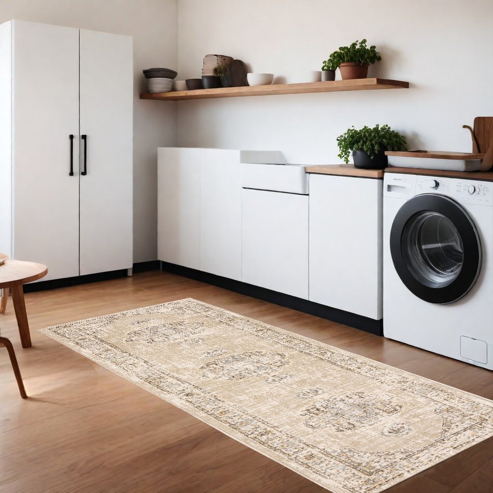 8' Beige And Ivory Medallion Runner Rug