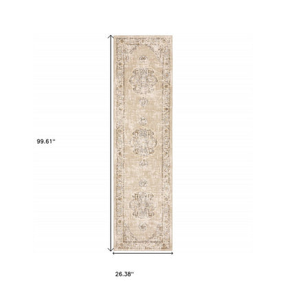 8' Beige And Ivory Medallion Runner Rug