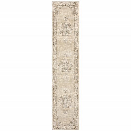 7' X 9' Beige And Ivory Center Jewel Area Rug