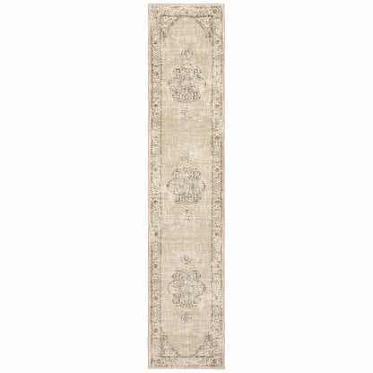 8' Beige And Ivory Medallion Runner Rug