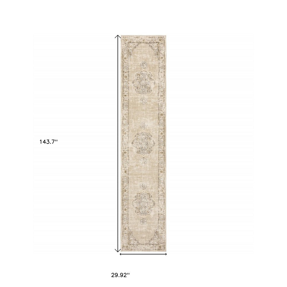 8' Beige And Ivory Medallion Runner Rug