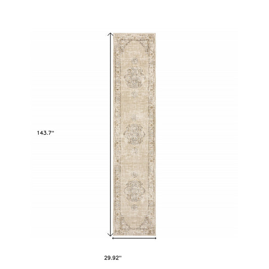 12' Runner Beige and Ivory Power Loom Runner Rug