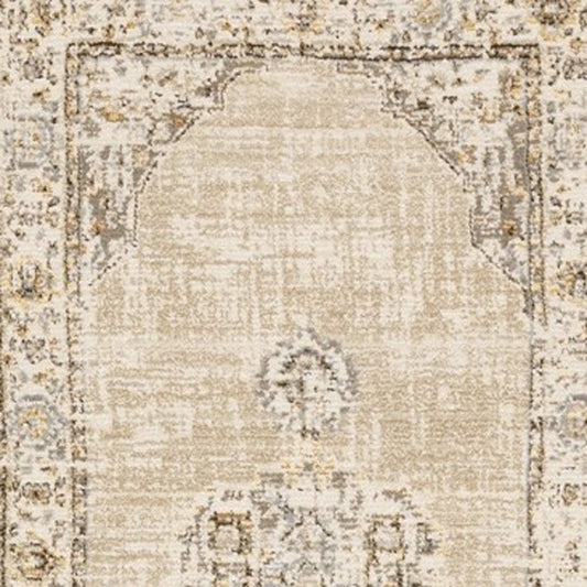 7' X 9' Beige And Ivory Center Jewel Area Rug