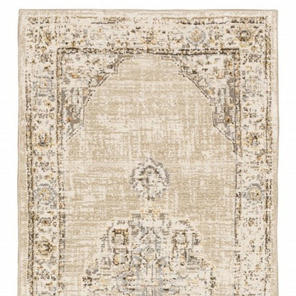 8' Beige And Ivory Medallion Runner Rug