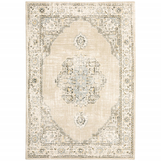 3'X12' Beige And Ivory Center Jewel Runner Rug