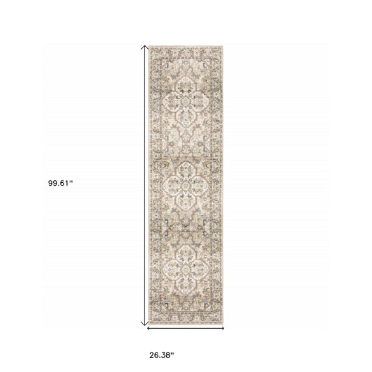 3' X 12' Beige And Ivory Medallion Runner Rug