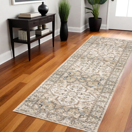 3' X 12' Beige And Ivory Medallion Runner Rug