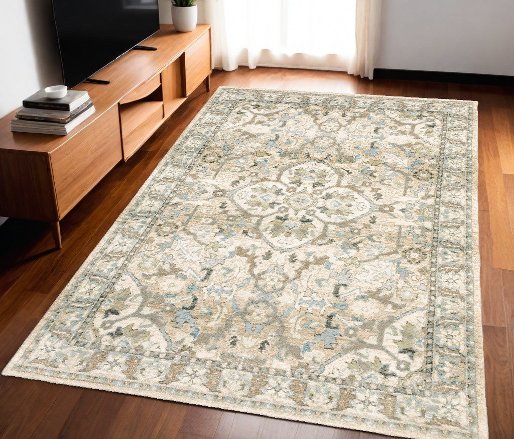 4' X 6' Beige And Ivory Medallion Area Rug