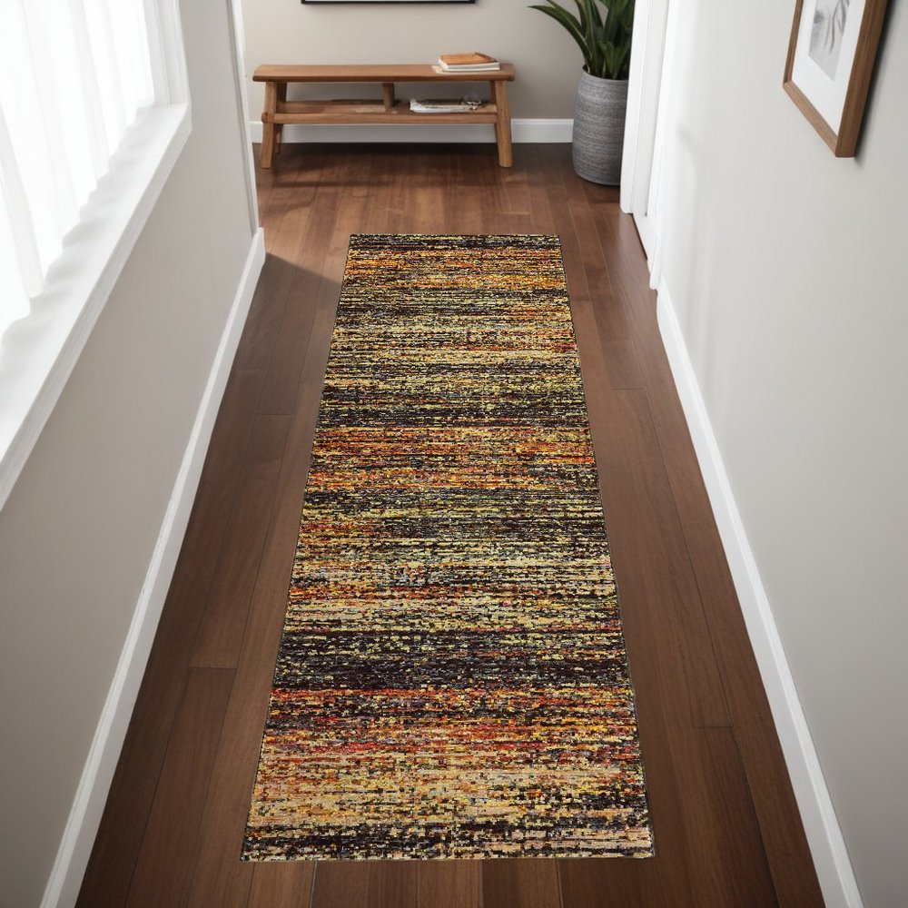 7' X 10' Gold Slate Blue And Orange Abstract Distressed Area Rug