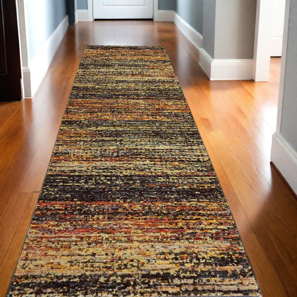 7' X 10' Gold Slate Blue And Orange Abstract Distressed Area Rug