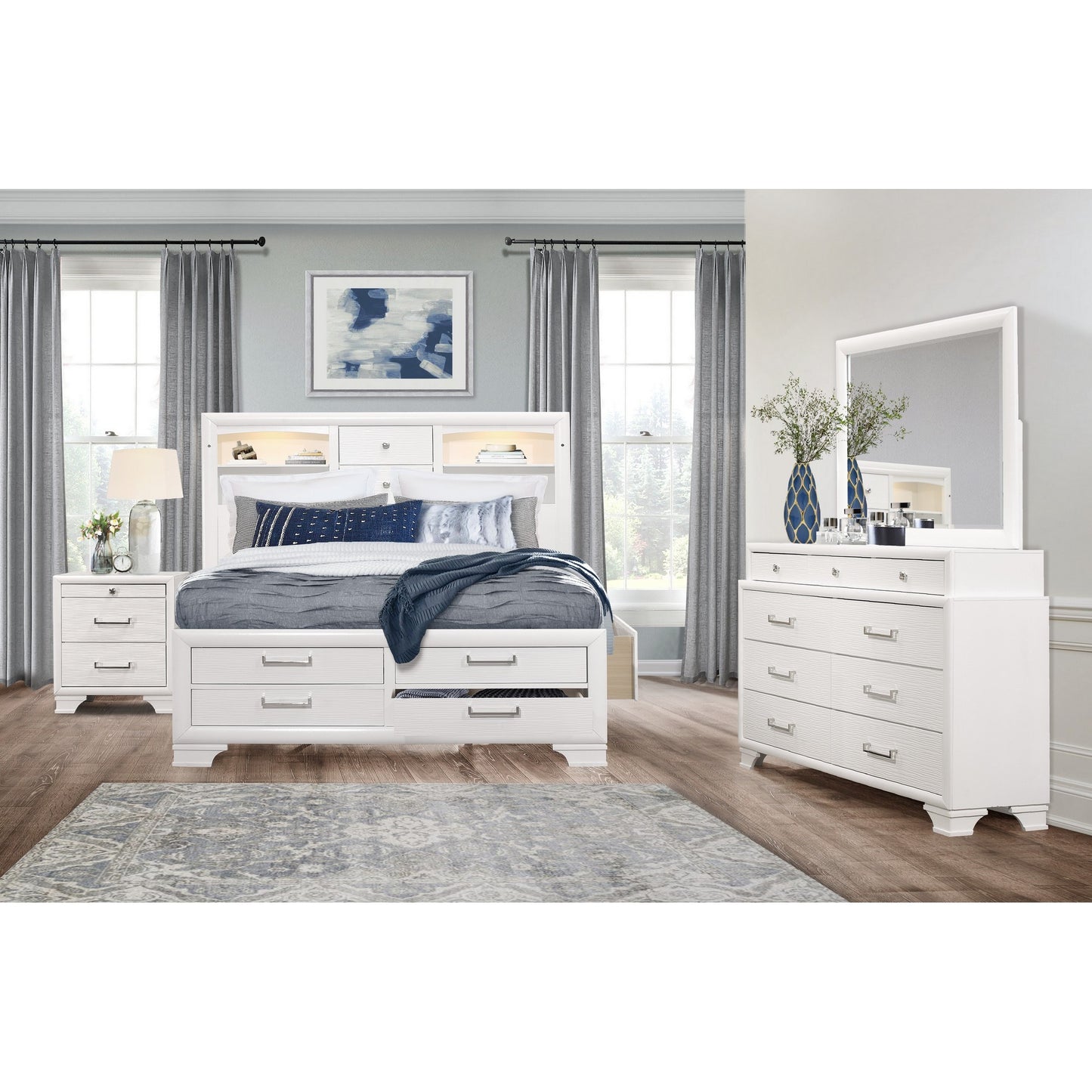 Solid Wood King White Eight Drawers Bed