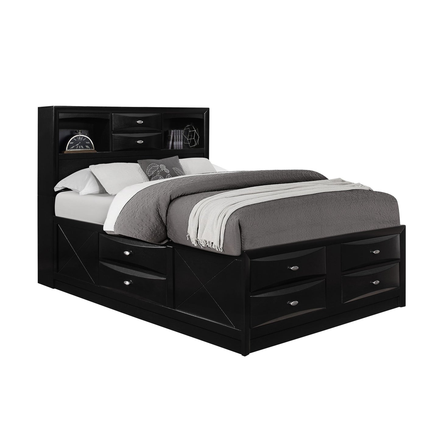 Solid Wood Full Black Eight Drawers Bed