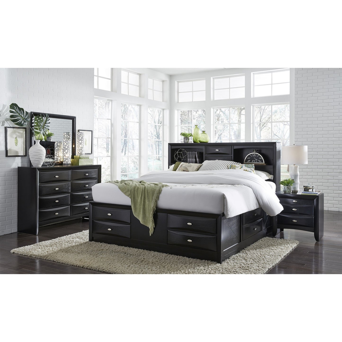 Solid Wood Full Black Eight Drawers Bed