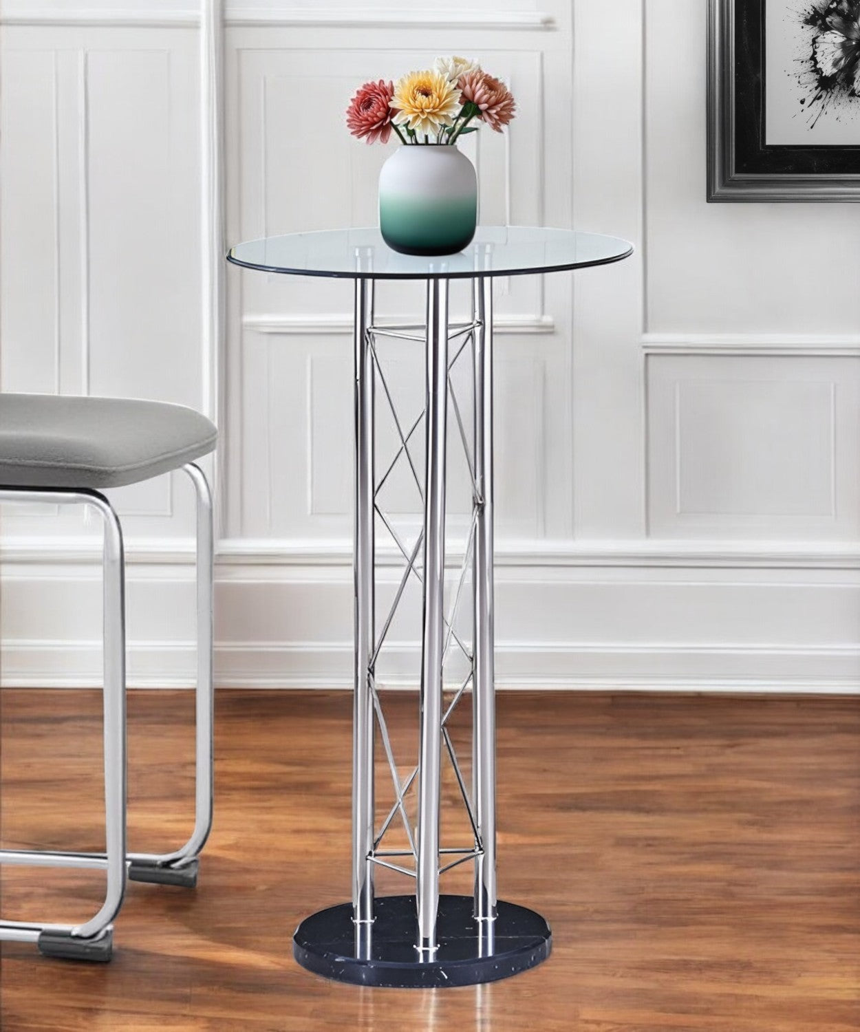 26" Clear Silver And Black Glass And Metal Round Bar Table