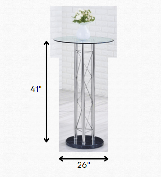 26" Clear and Black and Silver Rounded Glass and Marble Bar Table